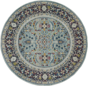 Homeroots 6' Teal Blue Orange And Black Floral Distressed Non Skid Round Rug  Polypropylene,Polyester 550981