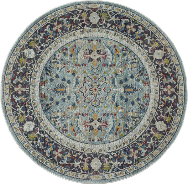Homeroots 6' Teal Blue Orange And Black Floral Distressed Non Skid Round Rug  Polypropylene,Polyester 550981