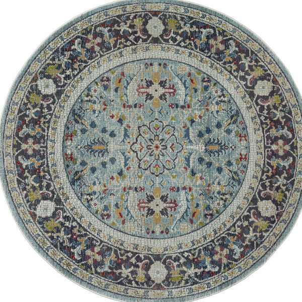 Homeroots 6' Teal Blue Orange And Black Floral Distressed Non Skid Round Rug  Polypropylene,Polyester 550981