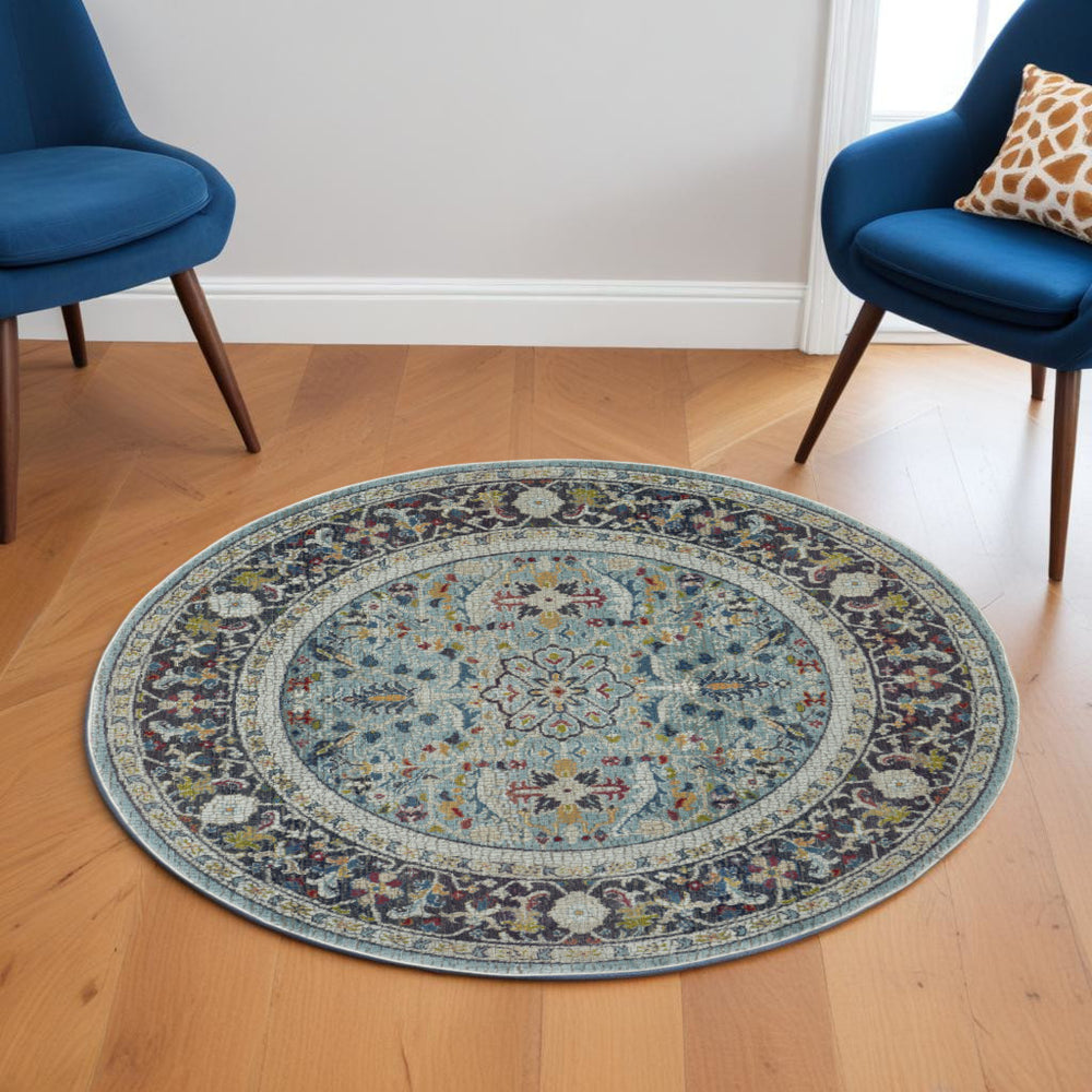 Homeroots 6' Teal Blue Orange And Black Floral Distressed Non Skid Round Rug  Polypropylene,Polyester 550981