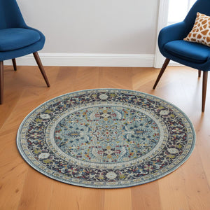 Homeroots 6' Teal Blue Orange And Black Floral Distressed Non Skid Round Rug  Polypropylene,Polyester 550981