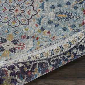 Homeroots 6' Teal Blue Orange And Black Floral Distressed Non Skid Round Rug  Polypropylene,Polyester 550981