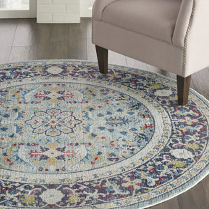 Homeroots 6' Teal Blue Orange And Black Floral Distressed Non Skid Round Rug  Polypropylene,Polyester 550981