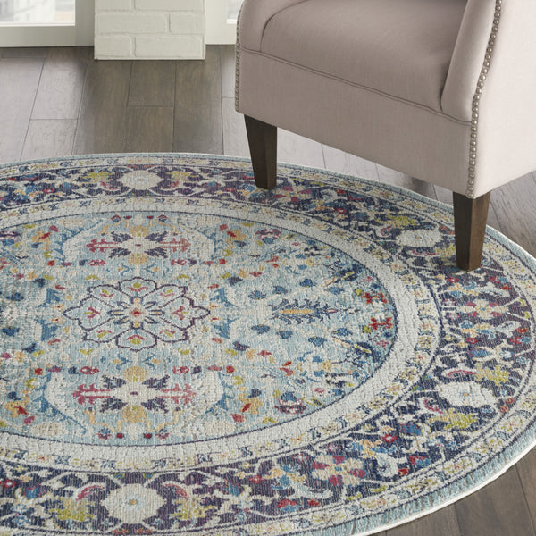 Homeroots 6' Teal Blue Orange And Black Floral Distressed Non Skid Round Rug  Polypropylene,Polyester 550981