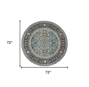 Homeroots 6' Teal Blue Orange And Black Floral Distressed Non Skid Round Rug  Polypropylene,Polyester 550981