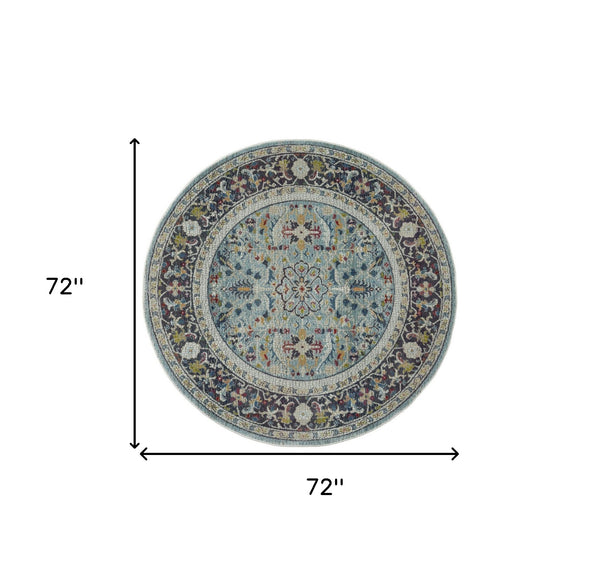 Homeroots 6' Teal Blue Orange And Black Floral Distressed Non Skid Round Rug  Polypropylene,Polyester 550981