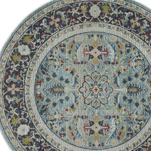 Homeroots 6' Teal Blue Orange And Black Floral Distressed Non Skid Round Rug  Polypropylene,Polyester 550981