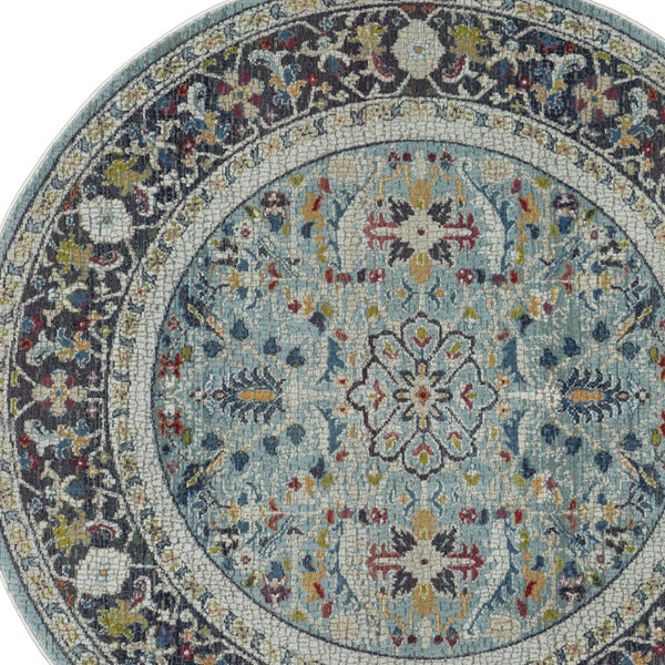 Homeroots 6' Teal Blue Orange And Black Floral Distressed Non Skid Round Rug  Polypropylene,Polyester 550981
