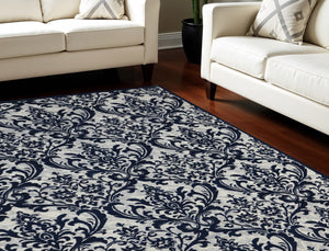Homeroots 8' X 10' Navy Blue And Ivory Damask Distressed Area Rug  Cotton,Polyester 550983