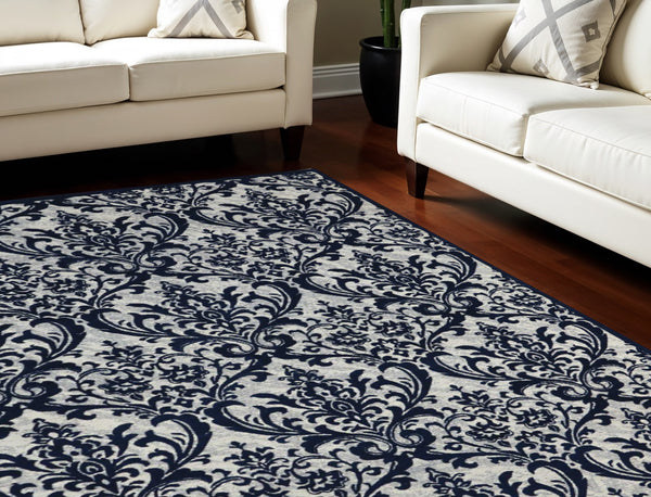 Homeroots 8' X 10' Navy Blue And Ivory Damask Distressed Area Rug  Cotton,Polyester 550983