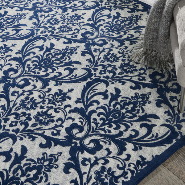Homeroots 8' X 10' Navy Blue And Ivory Damask Distressed Area Rug  Cotton,Polyester 550983