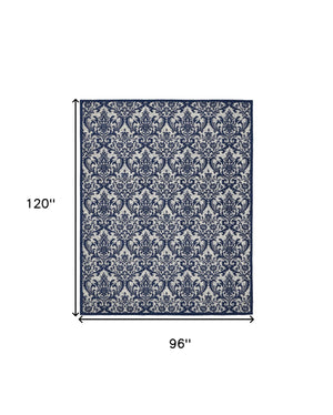 Homeroots 8' X 10' Navy Blue And Ivory Damask Distressed Area Rug  Cotton,Polyester 550983