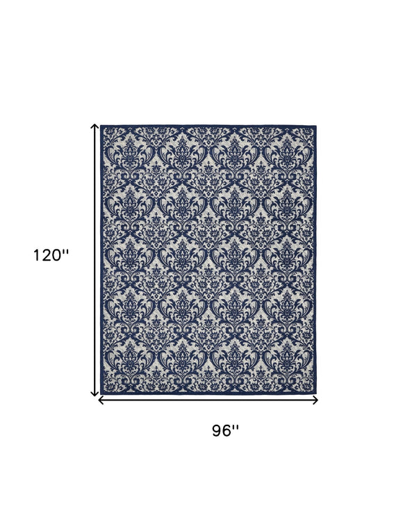 Homeroots 8' X 10' Navy Blue And Ivory Damask Distressed Area Rug  Cotton,Polyester 550983