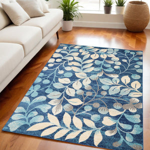 Homeroots 5' Botanical Leaves Area Rug In Navy Blue & Beige - Durable, Stain Resistant, Perfect For Any Room 5' X 7' Polypropylene 550986