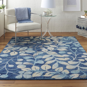 Homeroots 5' Botanical Leaves Area Rug In Navy Blue & Beige - Durable, Stain Resistant, Perfect For Any Room 5' X 7' Polypropylene 550986