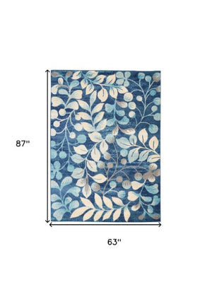 Homeroots 5' Botanical Leaves Area Rug In Navy Blue & Beige - Durable, Stain Resistant, Perfect For Any Room 5' X 7' Polypropylene 550986
