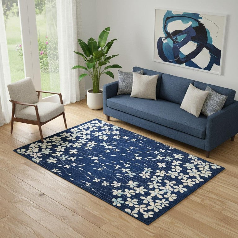 5x7 Floral Polypropylene Area Rug Blue Beige Power Loomed Living Room Accent