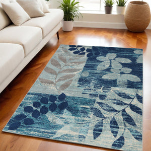 Homeroots 5' Stylish Navy Blue & Gray Botanical Leaves Area Rug – Durable, Stain Resistant & Perfect For Homes 5' X 7' Polypropylene 550989