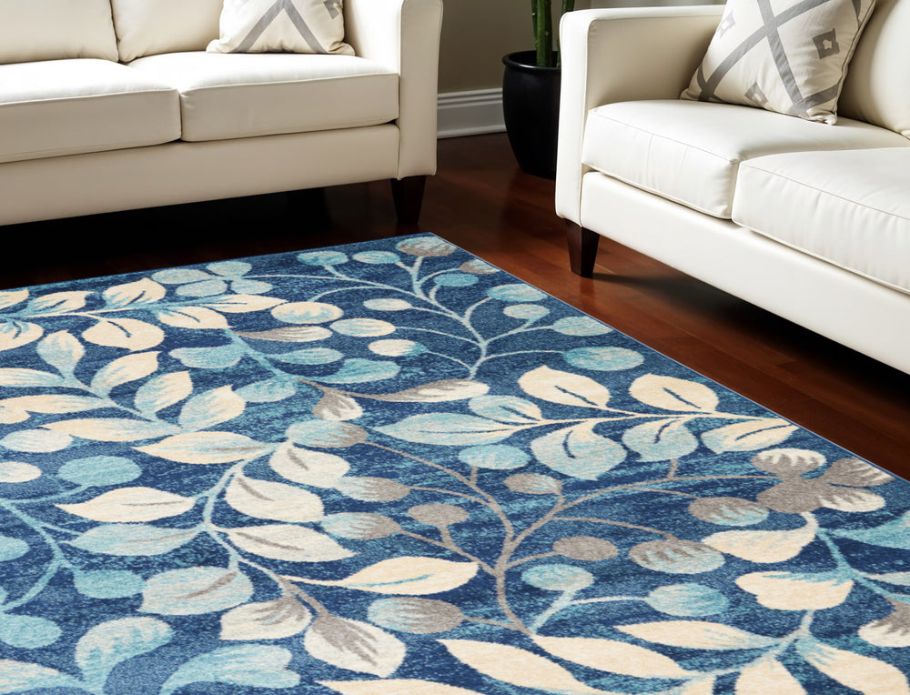 Homeroots 5' Botanical Leaves Area Rug In Navy Blue & Beige - Durable, Stain Resistant, Perfect For Any Room 6' X 9' Polypropylene 550990