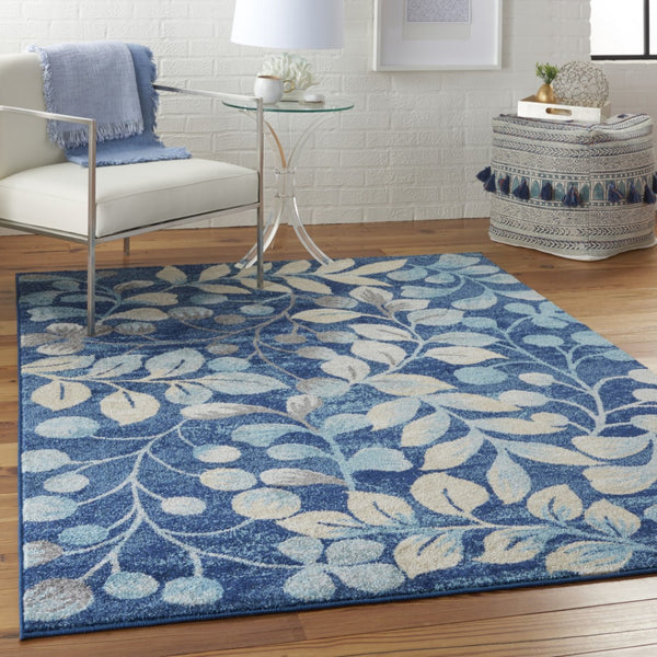 HomeRoots 5' Navy Blue and Beige Botanical Leaves Area Rug for Stylish and Durable Home Decor Solutions 6' X 9' 550990