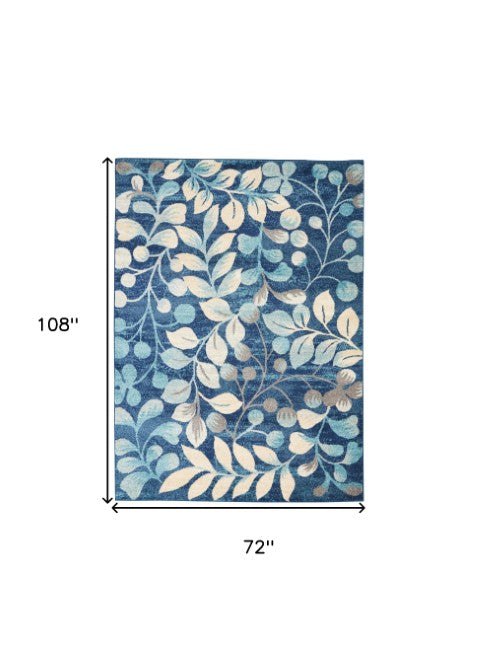 Homeroots 5' Botanical Leaves Area Rug In Navy Blue & Beige - Durable, Stain Resistant, Perfect For Any Room 6' X 9' Polypropylene 550990