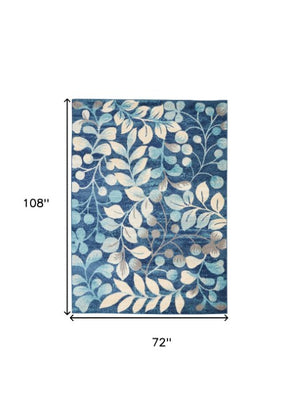 Homeroots 5' Botanical Leaves Area Rug In Navy Blue & Beige - Durable, Stain Resistant, Perfect For Any Room 6' X 9' Polypropylene 550990