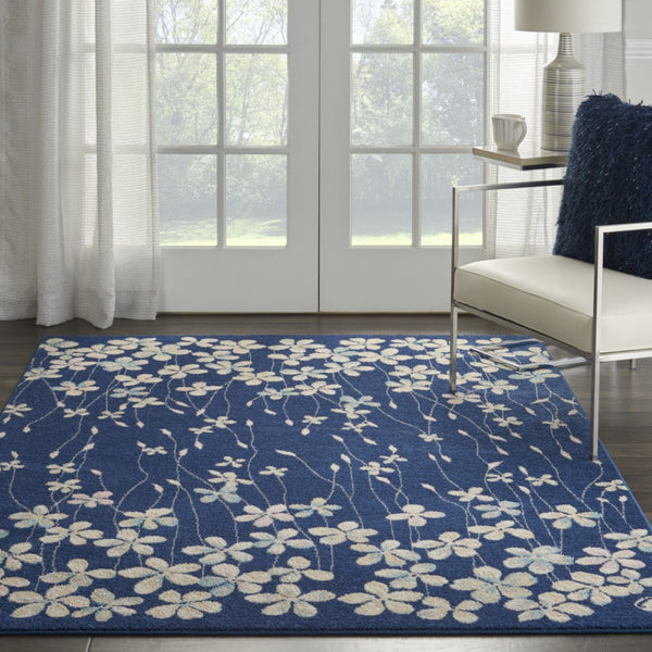 HomeRoots 6' Navy Blue and Ivory Floral Area Rug - Timeless Elegance for Living Rooms, Dining Areas, and More 6' X 9' 550992