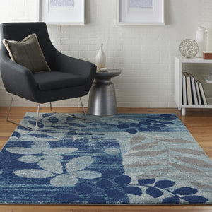 HomeRoots 5' Botanical Leaves Area Rug in Navy and Light Blue – Durable, Easy-Clean Design for Cozy Spaces 6' X 9' 550993