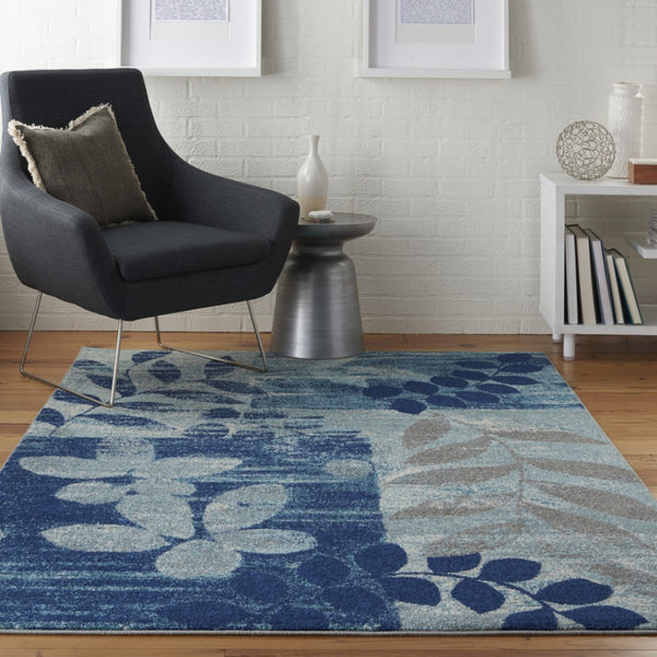 HomeRoots 5' Botanical Leaves Area Rug in Navy and Light Blue – Durable, Easy-Clean Design for Cozy Spaces 6' X 9' 550993
