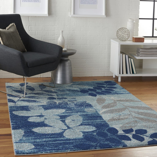 HomeRoots 5' Botanical Leaves Area Rug in Navy and Light Blue – Durable, Easy-Clean Design for Cozy Spaces 6' X 9' 550993