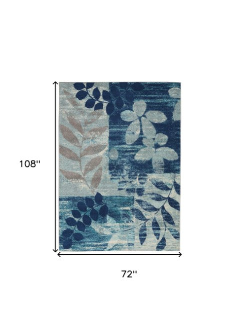 Homeroots 5' Stylish Navy Blue & Gray Botanical Leaves Area Rug – Durable, Stain Resistant & Perfect For Homes 6' X 9' Polypropylene 550993