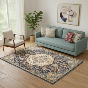 5x7 Floral Medallion Area Rug Navy Polypropylene Weave for Living or Dining Rooms