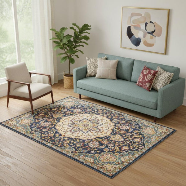 5x7 Floral Medallion Area Rug Navy Polypropylene Weave for Living or Dining Rooms