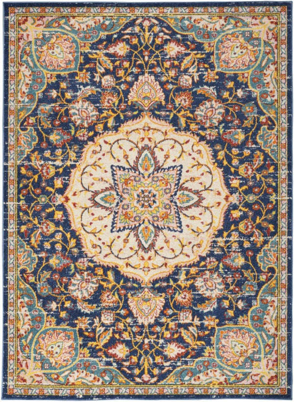 HomeRoots 5x7 Floral Medallion Area Rug Navy Polypropylene Weave for Living or Dining Rooms 550995