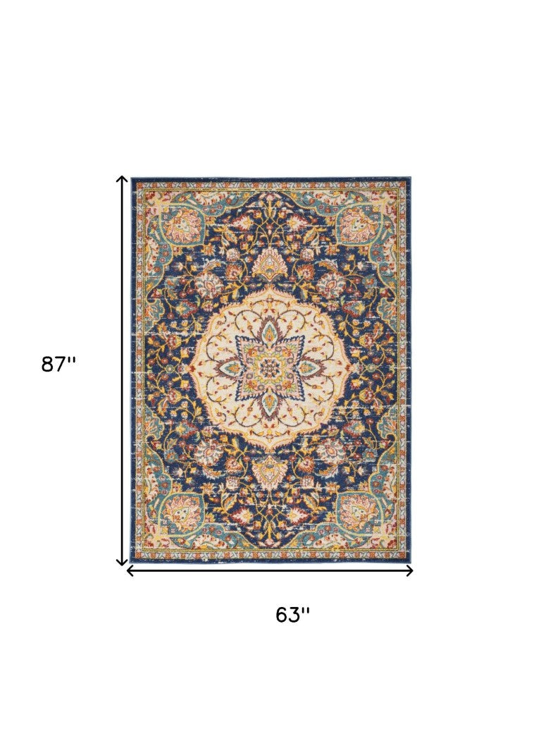 HomeRoots 5x7 Floral Medallion Area Rug Navy Polypropylene Weave for Living or Dining Rooms 550995