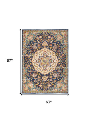 5x7 Floral Medallion Area Rug Navy Polypropylene Weave for Living or Dining Rooms