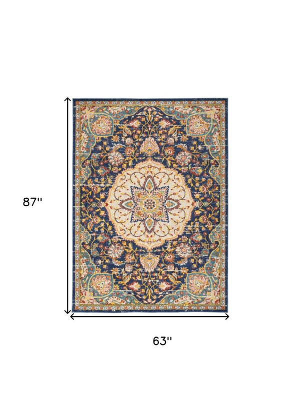 5x7 Floral Medallion Area Rug Navy Polypropylene Weave for Living or Dining Rooms