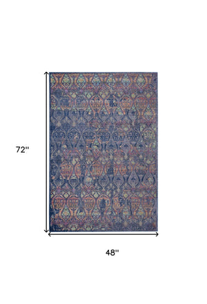 Homeroots 4' X 6' Navy Blue And Orange Ogee Distressed Non Skid Area Rug  Polypropylene,Polyester 550996