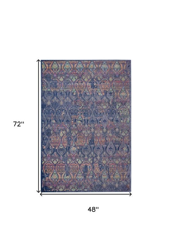 Homeroots 4' X 6' Navy Blue And Orange Ogee Distressed Non Skid Area Rug  Polypropylene,Polyester 550996