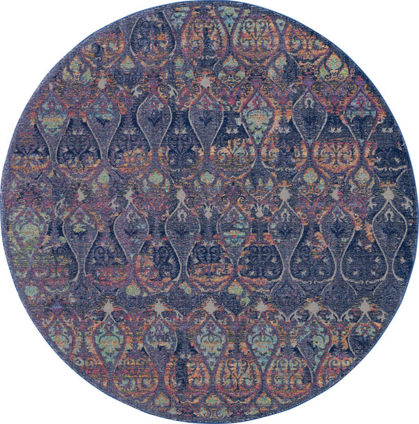 Homeroots 6' Navy Blue And Orange Ogee Distressed Non Skid Round Rug  Polypropylene,Polyester 550997