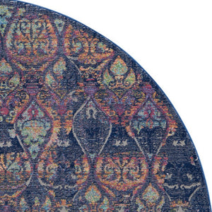 Homeroots 6' Navy Blue And Orange Ogee Distressed Non Skid Round Rug  Polypropylene,Polyester 550997