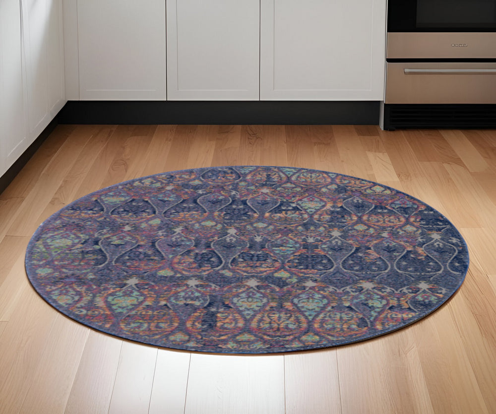 Homeroots 6' Navy Blue And Orange Ogee Distressed Non Skid Round Rug  Polypropylene,Polyester 550997