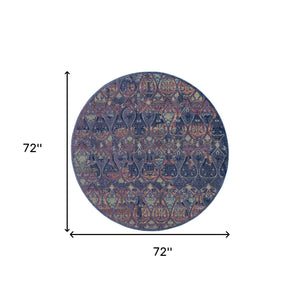 Homeroots 6' Navy Blue And Orange Ogee Distressed Non Skid Round Rug  Polypropylene,Polyester 550997