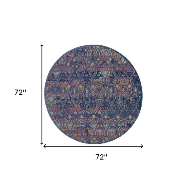 Homeroots 6' Navy Blue And Orange Ogee Distressed Non Skid Round Rug  Polypropylene,Polyester 550997