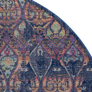 Homeroots 6' Navy Blue And Orange Ogee Distressed Non Skid Round Rug  Polypropylene,Polyester 550997