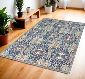 Homeroots 4' X 6' Ivory Navy Blue And Yellow Floral Distressed Non Skid Area Rug  Polypropylene,Polyester 550999