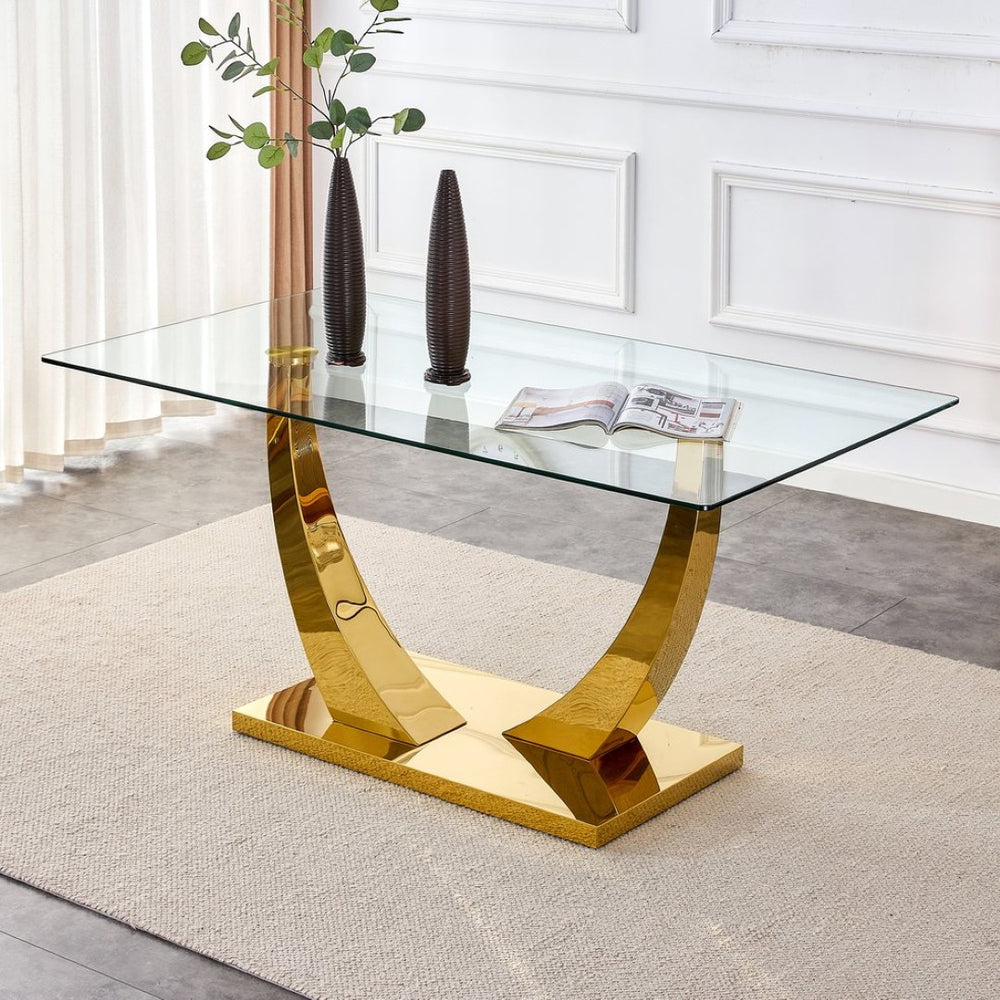 English Elm Large Tempered Glass Dining Table Seats Eight with Gold Plated Stainless Steel Base W1512S00192