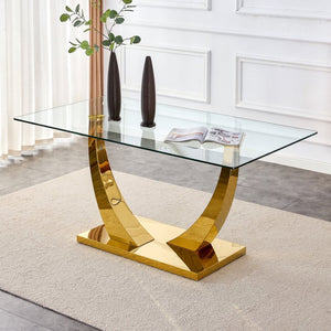 English Elm Large Tempered Glass Dining Table Seats Eight with Gold Plated Stainless Steel Base W1512S00192