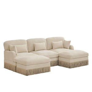 English Elm 100"comfy Chenille Leopard Print U-shaped Sectional with Tassel Trim and Modular Ottomans Beige W5656S00006