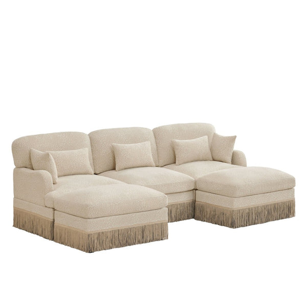 English Elm 100"comfy Chenille Leopard Print U-shaped Sectional with Tassel Trim and Modular Ottomans Beige W5656S00006